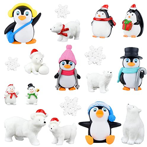 PLULON 18 pezzi di figure natalizie in miniatura, pinguino, pupazzo di neve, orso polare con fiocchi di neve, mini animali invernali, ornamenti per feste di Natale, decorazioni per torte da giardino.