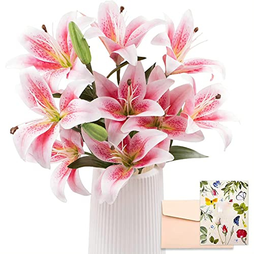 ＣＨＡＭＥＥＮ 12 Köpfe Künstliche Lilien Blumen Stiel Lilien Kunstblumen Blühende Köpfe Knospen mit Grußkarte