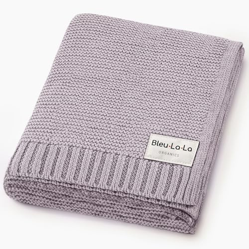 Bleu La La Bio Empfangs Puckdecke - 100% luxuriöse Bio-Weichbaumwollstrick warme gemütliche Kuscheldecke für Kinderwagen und Wiege geeignet für Neugeborene Säuglinge und Kleinkinder. (Flieder)