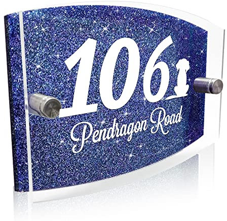 House Numbers Plaques Door Number Plaques for Wall Personalised Acrylic Glitter Door Number Plaques Door Signs Modern House Numbers Road Name Gate Plaques(Blue Design 4)