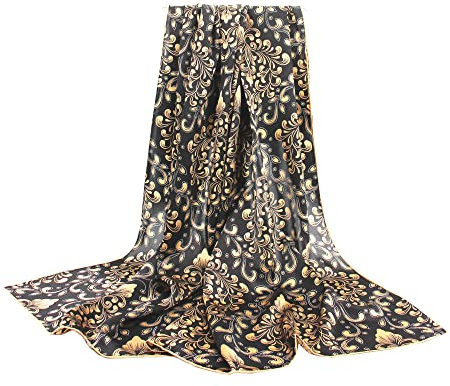 ANDANTINO Schal aus 100% reiner Maulbeerseide, 110 cm, groß, quadratisch, leicht, Kopftuch und Schal, für Damen, mit Geschenkverpackung, Schwarz-goldenes Paisleymuster, 42