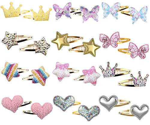 KEYRI 24 Stücke Haarspangen für Mädchen - Krone, Stern, Herz, Schmetterling Glitzer Haarklammern - Süße Kinder Haarstyling Accessoires für Damen Haarschmuck
