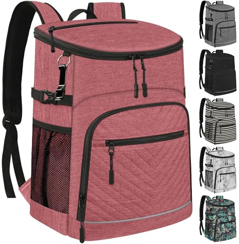 Kühlrucksack Isoliert Auslaufsicher Wasserdicht Rucksack Kühltasche 30 Dosen, Große Kapazität Leicht Reise Camping Strand Rucksack Kühler Eistruhe für Damen und Herren Rosa
