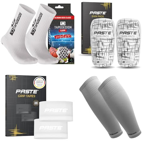 PASTE - XXL 4er Set: TAPEDESIGN Fußball-Socken (Classic), Schienbeinschoner, Stutzen Schienbeinschonerhalter (weiß) - Fussball-Socken mit Schienbeinschoner Halterung & Fußballstutzen
