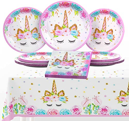 Unicorn Birthday Party Decorations Supplies Kit, 32pcs Plates & 16 Napkins, Tablecloth
