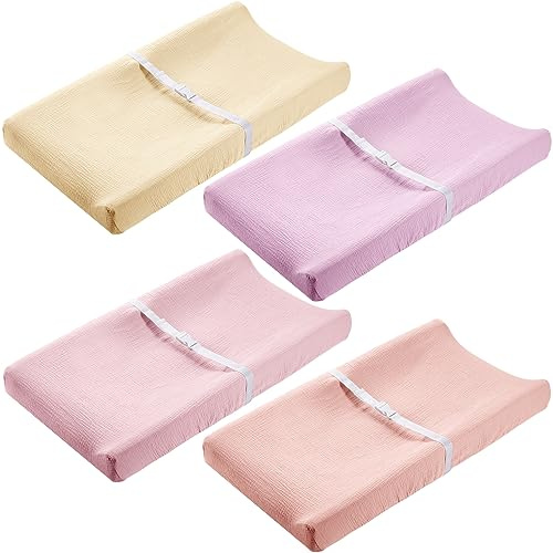 Mixweer 4 Pack Muslin Changing Pad Cover Soft Breathable Cotton Diaper Changing Table Pad Cover Table Sheets for Baby Boys Girls, Fit 2 Sizes(Pastel Color)