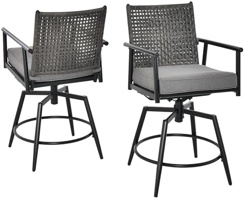 LIFEZEAL Set med 2 360° svängbara matbord höga stolar i järn och PE-rotting, sits höjd 64 cm, barstolar med kudde och fotstöd, belastning 150 kg, inomhus och utomhus