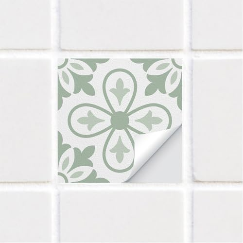 funlife 25 PCS 15X15cm Self-Adhesive Tile Stickers, Textured Vinyl Stick on Tiles, Backsplash Wall Art Decal for Kitchen DIY Decoration, Sage Green Vintage Clover