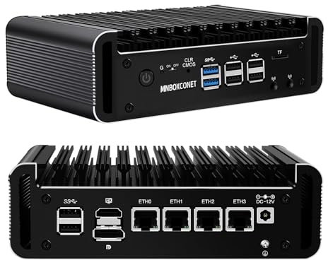 MNBOXCONET Firewall Mini PC Appliance Core i3 N305, Small Fanless Ordinateur de Bureau 4 x 2.5GbE I226-V LAN, Barebone NO RAM NO SSD, Windows 11 Pro, Micro Router OPNsense, TF Slot, HD, DP