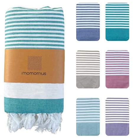 MOMOMUS Fouta XXL o Stuoia da Spiaggia/Coperta da Picnic Senza Sabbia – Con Frange, a Righe e Pieghevole – Telo da Mare Antisabbia Grande e Stuoia da Campeggio e Mare – Verde Mare, 210 x 240 cm