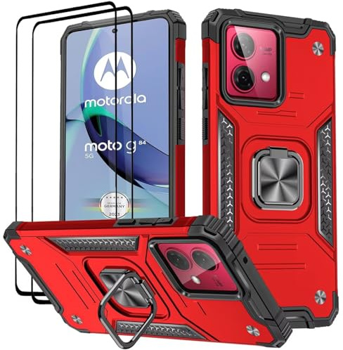KANSi Funda para Motorola Moto G84 / G84 5G, Cristal Vidrio Templado [2 Piezas] Capa Anillo iman Soporte Hard PC y Silicona TPU Antigolpes Armor Carcasa - Rojo