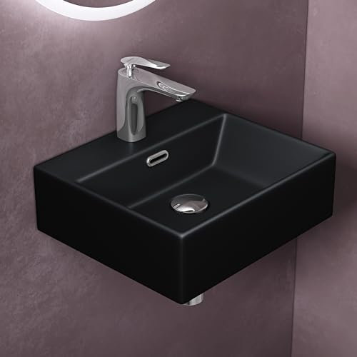 doporro Lavabo à Poser Noir Mat Vasque Suspendu en Céramique Lave Mains Rectangulaire de Qualité pour Salle de Bain 41x36x13cm Brüssel206