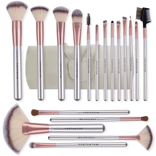 PORTENTUM Set Pennelli Make Up 18 Pezzi Con Custodia da Viaggio Manico in Legno Professionale Kabuki in Fibra Sintetica Premium per Fondotinta