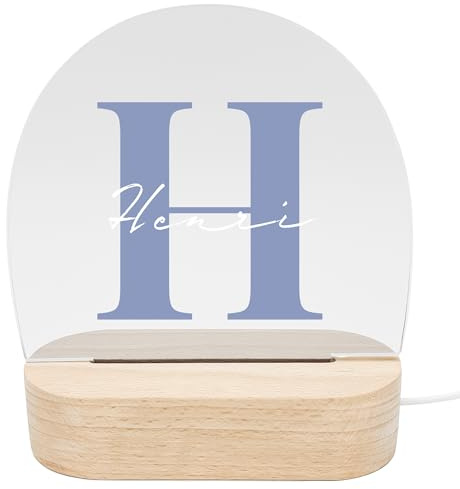 DEL MÀ Unique & Personal Nachtlicht Kinder Baby personalisiert mit Buchstaben & Namen Babyzimmer Kinder Deko Kinderzimmer Nachtlampe Mädchen Jungen Kinderlampe Inkl. Holzfuß (Blau)