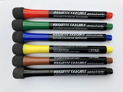 Whiteboard Marker Set, Markeerstift magnetische Farbstifte mit Schwammradierer und feiner Rundspitze, 1–2 mm, trocken abwischbare Marker für Magnettafeln, Papier, Kühlschrank, Flipchart (6 Farben)