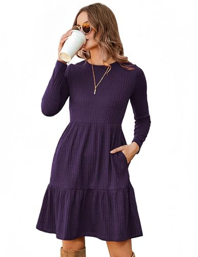 Zeagoo Robe d'automne Femme avec Poches Robes Pull à Manches Longues et Col Rond Élégant Automne Hiver Robe en Maille Fine Violet XXL