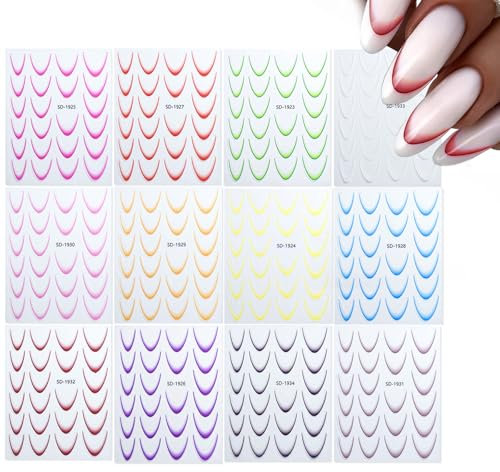 Mrltau Lot de 12 feuilles d'autocollants pour ongles French Tip - Pochoir à ongles - Autocollants pour ongles - Pochoir à ongles - Accessoires pour ongles
