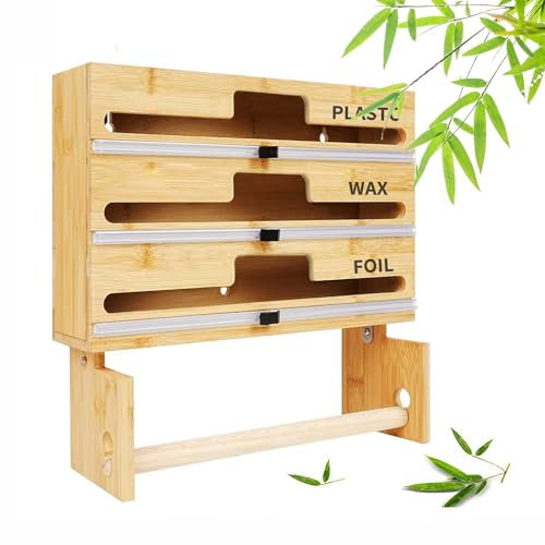 (en:4 in 1 Bamboo Foil Dispenser with Cutter & Paper Holder for Aluminum Foil Cling Film Parchment Paper,Cling Film Dispenser for Kitchen Cabinet Drawer,Compatible with 12 or Lower Roll)