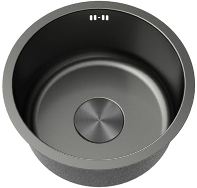 304 Edelstahl Spülbecken Klein Spüle Rund Küchenspülen Küche Edelstahlspüle 1 Becken Schwarz mit überlauf und Abflussrohr Einbauart: Einbau von Oben und Unterbau (Ø 28cm)