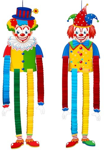 BETESSIN Clown Deko Karneval - 2 Stück Clown Luftschlangen Karneval Girlande - Hängende Papierdekoration für Karneval, Fasching, Fasnacht, Zirkus Deko und Kinderpartys