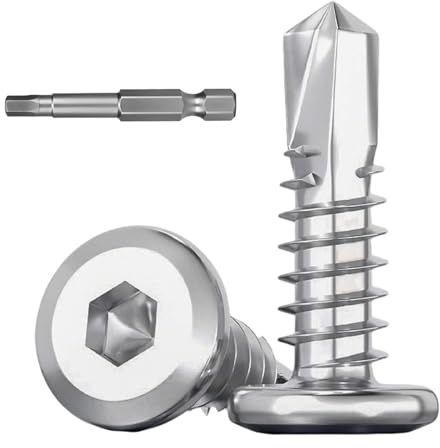 Dayalo 40 stycken plåtskruvar 6,3 x 19 mm, rostfritt stål 410, insexnyckel | Självborrande med platt huvud och matchande sexkantsbit; silver, för plåt, aluminium och metallprofiler