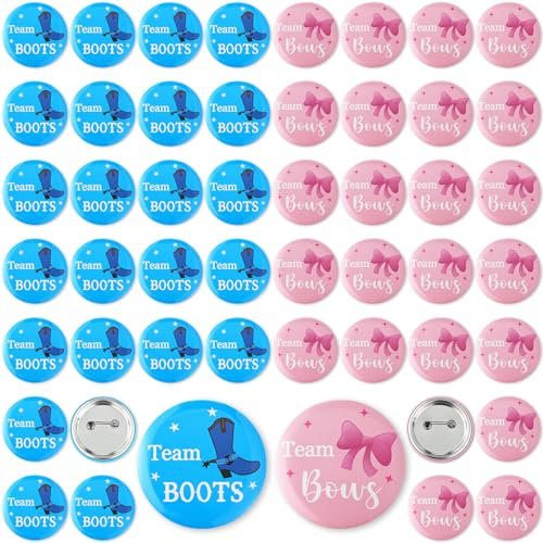 Quelay 50 Pcs Gender Reveal Button Pins 1.75 Inch Team Boy or Girl Pins Bulk, Boot or Bows Gender Reveal Decorations Baby Shower Party Favors for Guests Pink and Blue Badge Supplies