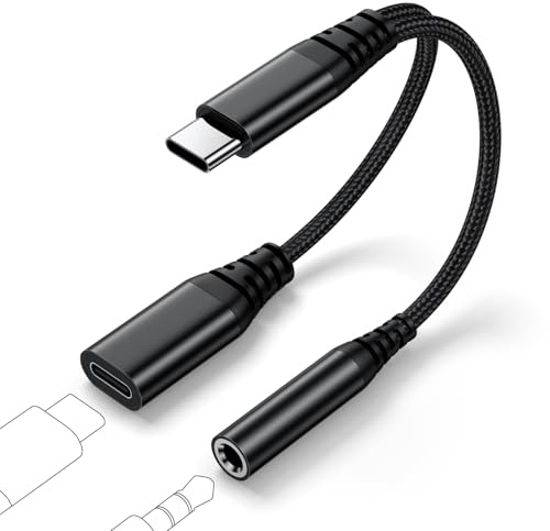 USB C auf Klinke Adapter und Laden, 2 in 1 Type C auf 3.5mm Kopfhörer Klinke Adapter, USB C zu Schnellladung Aux Audio für iPhone 17/16/15/Plus/Pro Max/iPad Pro/Air, Galaxy S26/S25/S24/S23/S22/S21