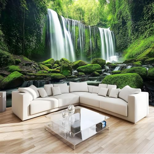 Green Wallpaper Mural Forest Waterfall Scene 3D Non-Woven Wall Mural Photo Wallpaper, Premium Art Print Decor for Living Room Kids' Bedroom Photo Wall Decoration W350 X H256 Cm