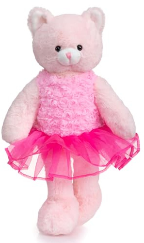 WENMOTDY Ballerina Cat Stuffed Animal Cute Plush Cat in Tutu Skirt Birthday Dance Recital Gifts for Girls Kids 21’’ Pink