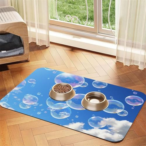 Bubbles Blue Sky Hundefuttermatten für Böden, 30,5 x 45,7 cm, rutschfeste, super saugfähige Haustierfuttermatte, Geschirrspüler-Hundematte für Futter und Wasser, niedlich, Gummi, schnell trocknend