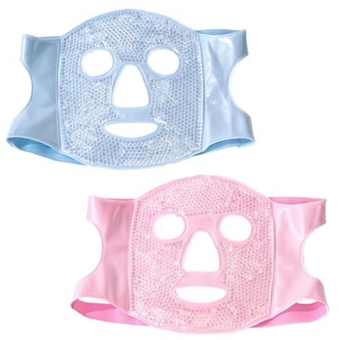 2 Stück Kühlmaske Gesicht, Schlafmaske Kühlend gegen Migräne Augenringe, Eismaske Wiederverwendbar mit Wärme- & Kältetherapie für Männer Frauen Kinder (Blau + Rosa)