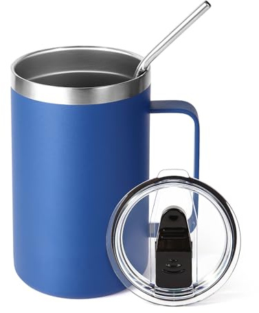Volhoply 470ml (16oz) Insulated Coffee Mug with Lid and Straw, Stainless Steel Travel Mugs with Handle, Double Wall Vacuum Leak Proof Coffee Tumbler Cup (Blue,1)