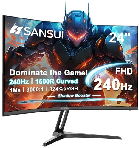 SANSUI 24 Inch Curved 240Hz Gaming Monitor FHD 1080P, 1500R Curve Computer Monitor, 124%sRGB, 3000:1 Contrast Ratio, HDR, FreeSync, MPRT 1Ms, Low Blue Light, HDMI DP ports.(ES-G24C1 PRO DP Cable Incl)