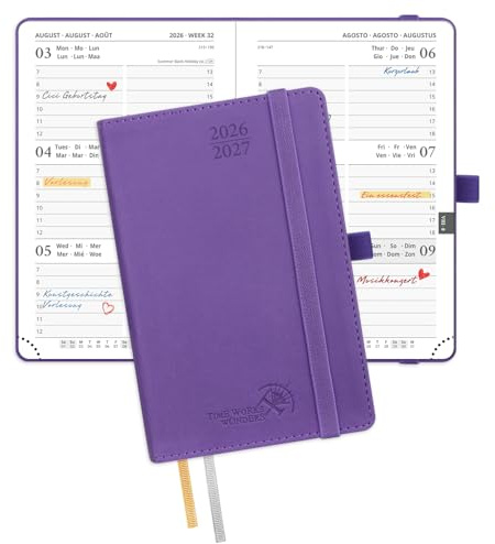 POPRUN Agenda 2026 2027 Semana Vista, Tapa Blanda, A6 Pequeña 16 x 10,5 cm | 17 Meses, Ago.2026 a Dic.2027, 1 Semana 2 Páginas, Portabolígrafos Autoadhesivo, Papel 80 GSM, escolar, Violet