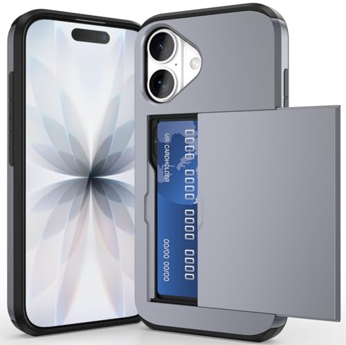ACOCOBUY for iPhone 17 Case with Card Holder Sliding Cover 6.3 inch Gray | Hidden Pocket IDs Credit Cards Slot Heavy Duty Shockproof Protective Dual Layer Wallet Phone Cover Back Shell for Men Women