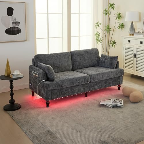 GQTYBZ 2-Sitzer Sofa LED-Leuchten und Aufbewahrungstasche, Polster-Garnitur mit Holzfüßen für Wohnzimmer Gästezimmer Büro, Hautfreundlicher Chenille-Stoff (Grau, 175 x 83 x 78cm)