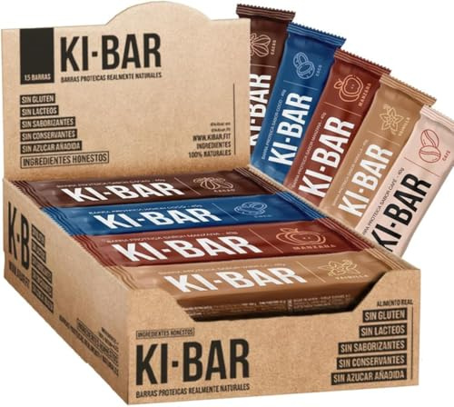 Ki-Bar Barritas Proteicas 100% Naturales | 22% Proteína Huevo y Guisante | Sin Azúcares Añadidos, Sin Gluten, Sin Lactosa | Pack 15 uds x 40g | Sabores: Cacao, Vainilla, Coco, Café, Manzana