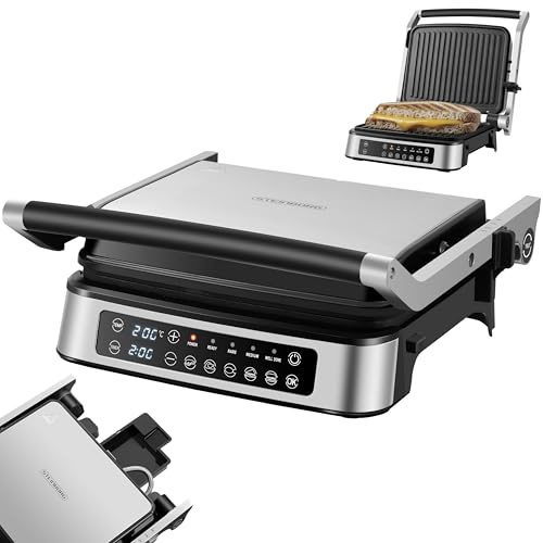 Steinborg Piastre rimovibili con display touch – Griglia elettrica da tavolo e paninigrill, apribile a 180°, piastre antiaderenti, lavabili in lavastoviglie, indicatore di temperatura e timer
