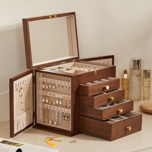 Homruilink Portagioie in Legno di Noce Nero, Organizer per Gioielli con 2 Porte Laterali e Serratura a Specchio Stile Classico per Orologi, Collane, Anelli e Orecchini, Regalo per Lei
