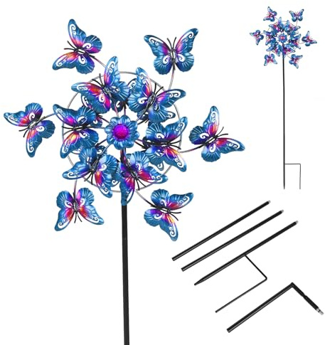 Wind Spinners Outdoor, 53.5‘' Garden Wind Spinner Sculptures Windmill with Base Stand, Large Vintage Butterfly Pinwheels for Lawn Patio Yard Art Outdoor Decor (Blue)