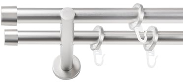 SN Deco Gardinenstange Brest, Ø19 mm 2-läufig Stahl Komplett-Set mit Ringen Auflageträger 150 cm, chrom matt