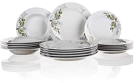 Banquet Service de Table 18 pièces en Porcelaine Blanche, décor Olive, 12 x 46 x 25,5 cm