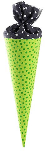 goldbuch 93 551 Geschwistertüte aus Stoff, grüne Schultüte mit gelben Punkten als Muster, Geschenkverpackung, blauer Filzverschluss (ohne Verschlussband), Zuckertüte, Länge 35 cm, Ø 11,5 cm, Grün