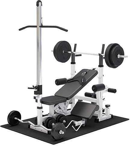 GORILLA SPORTS® Kraftstation - Hantelbank mit verstellbare Hantelablage, Latzugturm, Butterfly, Curlpult, Beincurler und 100 kg Hantelset - Trainingsbank, Fitnessstation, Trainingsstation