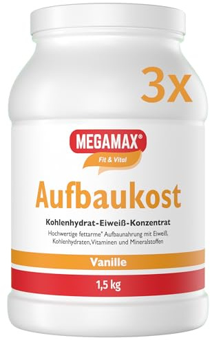 Megamax Aufbaukost Vanille Spar-Set 3x1,5kg zur Kräftigung und bei Untergewicht-Trinknahrung hochkalorisch für Gewichtszunahme Muskelmasse u. Muskelaufbau