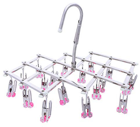 Drying Hanger, Hanging Drying Rack, Drip Hanger Stainless Steel with 18 Pegs for Laundry Underwear Socks, Quickly Remove Clothes from Hanger, Windproof, Folding Portable, (Red)