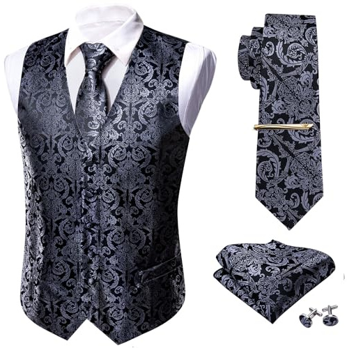 Barry.Wang formelles Herren-Westen-Set, Paisleydruck, Krawatte, Einstecktuch Manschettenknöpfe, Kravattenklammer, Anzug-Weste 5-teilig Gr. M, schwarz grau