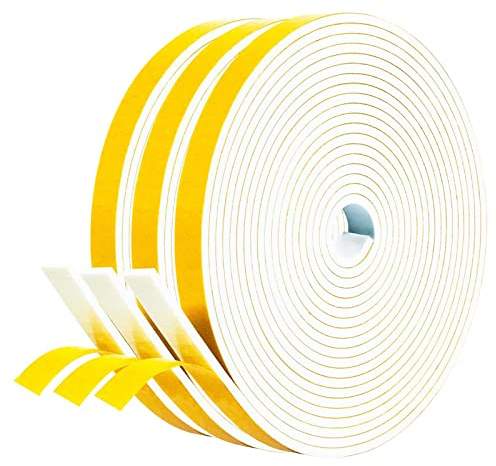fowong Draft Excluder for Doors, 3 Rolls 12mm(W) x 3mm(T) High Density Foam Tape, Self Adhesive Weather Seal Strip for Windows and Doors, Insulation Soundproofing Strips Tape, Total 15M Long, White