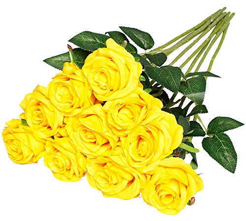 Nubry Artificial Silk Rose Flower Single Stem Lifelike Fake Rose for Wedding Bouquet Floral Arrangements Home Party Centerpiece Decoration, 10pcs (Yellow)