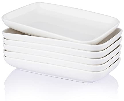 Sweese 8 Inch Rectangular Salad Plates, Porcelain Dessert Plates, Small White Serving Trays for Salad, Fruit, Sushi Appetizer and Parties - Stackable, Set of 6, White